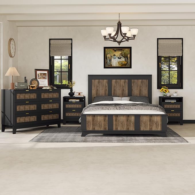 Harper & Bright Designs 4-Pieces Bedroom Sets, Queen Size Platform Bed with 2 Nightstands and A 6-Drawer Dresser, Queen Size Bedroom Set with Wooden Strip Decoration, Black