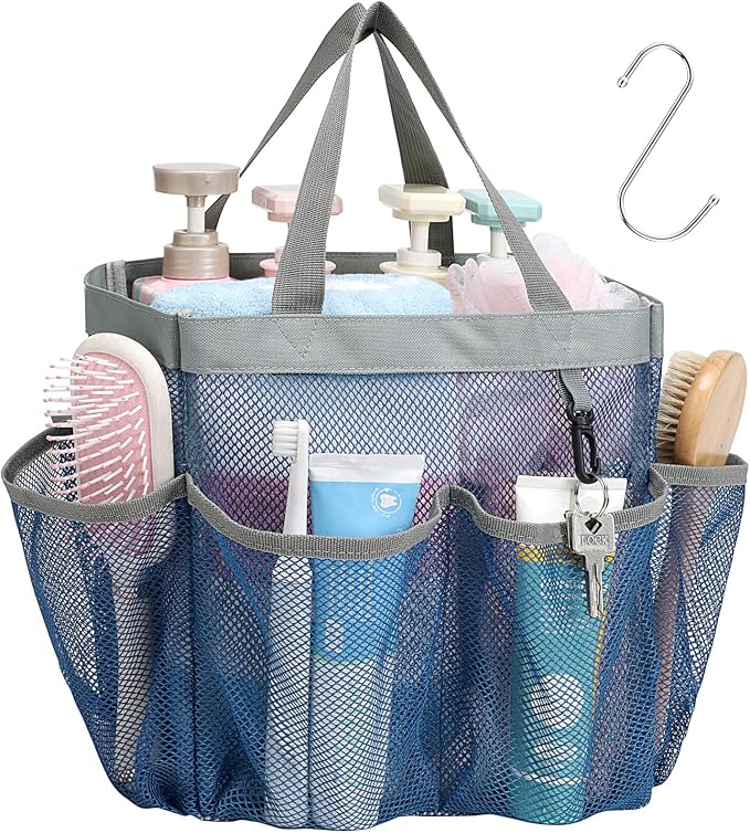 F-color Mesh Shower Caddy Portable - Navy Blue, Upgrade Deeper 7 Pockets Shower Bag Basket Tote for College Dorm Room Toiletry Bathroom Essentials Gym Camp Quick Dry 2 handles with S Hook by F-color