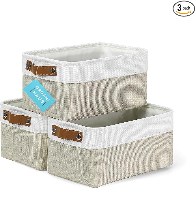 OrganiHaus Small Fabric Storage Baskets 3 Pack, 12x8in Cloth Storage Bins for Shelves, Small Baskets for Organizing Pantry Closet, Canvas Shelf Baskets, Beige/Off-White by OrganiHaus