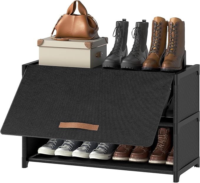 Shoe Rack, 3 Tier Shoe Storage Cabinet with Door 12 Pair Plastic Shoe Shelves Organizer for Closet, Entryway, Hallway, Bedroom, Black by UNITSTAGE