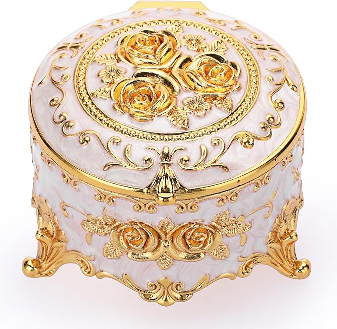 Hipiwe Vintage Round Jewelry Box Small Trinket Storage Organizer Box Gold Metal Chest Ring Case Treasure Box Keepsake Box Earrings Necklace Storage Box Gift for Women, Small - Image 9