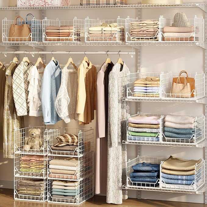 Jakyitvi 6-Tier Closet Shelf Organizer,Metal Stackable Closet Organizers and Storage,Clothes Storage Bins,Shelf Organizer Basket,Folded Shelf Organizer for Closet Wardrobe,White - Image 4