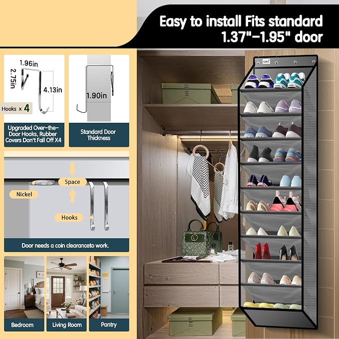 Kotkn 10 Tier Over The Door Organizer - Heavy Duty Hanging Storage Rack with Sturdy Oxford Fabric, Holds 20+ Pairs of Footwear, Boots & Sneakers, Saves 50% Closet Space (Gray) - Image 4