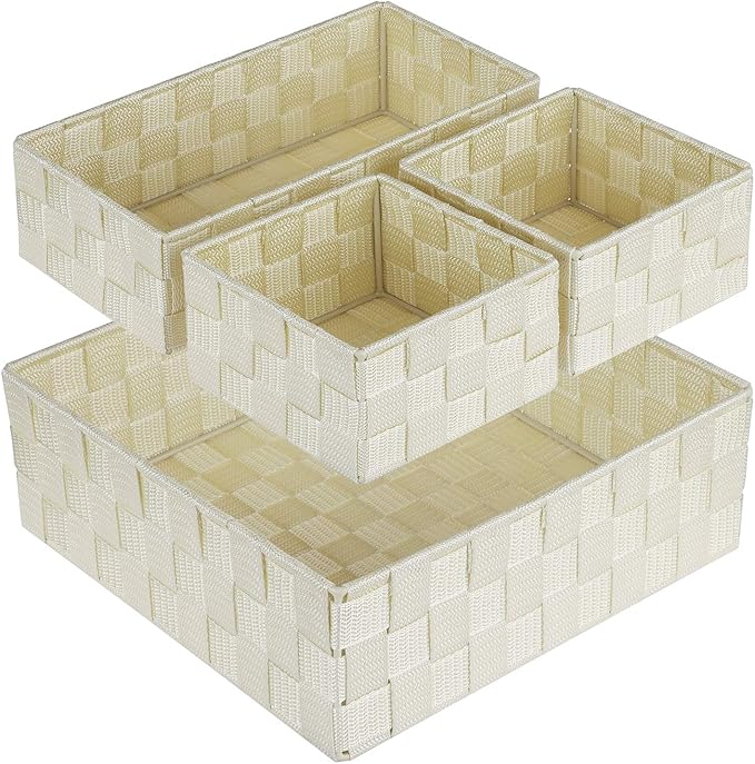 Posprica Woven Storage Baskets for Organizing, Small Black Baskets Cube Bin Container Tote Organizer Divider for Drawer, Closet, Shelf, Dresser, Set of 4(Beige) by Posprica
