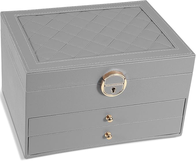 GUOER Jewelry Box for Women Girl Wife 3 Layers Large PU Leather Jewelry Organizer Storage Case with Two drawers Display for Earrings Bracelets Rings Watches (Grey) by GUOER