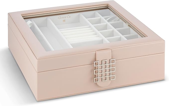 Glenor Co 28 Section Jewelry Box - 2 Layer - Buckle Snap & Magnet Closure - Large Glass Top - Leather Design - Sand - Jewelry Organizer for Women & Girls - for Earring Ring Necklace & Bracelet - Image 3