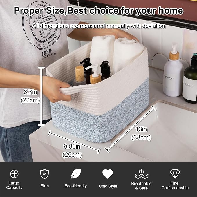 OIAHOMY Woven Storage Basket for Shelves, Rectangle Cotton Rope Baskets for Organizing, 13 x 10 x 9 in, Storage Bins for Dog Toys,Towel,Books,Gift,Blue and White - Image 3