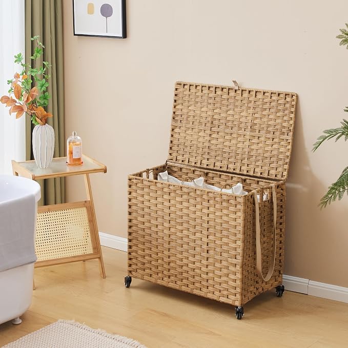 Laundry Hamper with Wheels, 34.3 Gallon(130L) Rolling Laundry Basket with Lid, 3-Section Rattan Clothes Hamper with 3 Removable Liner & 3 Mesh Bags, Laundry Sorter with Side Pocket, Natural - Image 3