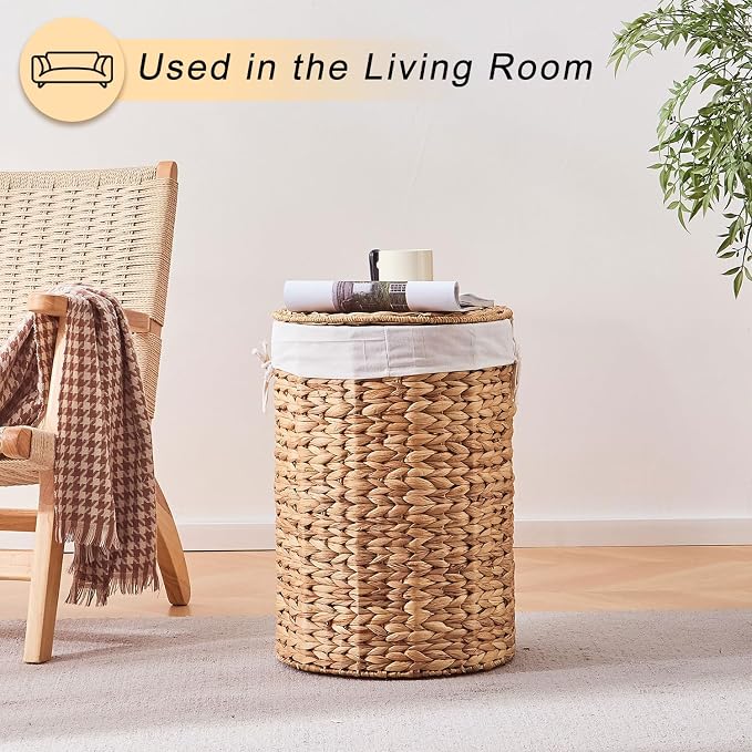 Round Water Hyacinth Laundry Hamper with Lid Handwoven Wicker Basket with Handles for Dirty Clothes, Storage, and Organization Ideal for Bedroom, Bathroom, and Laundry Room, No Assembly Required, 60L - Image 6