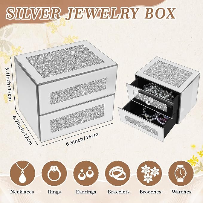 Kenning Silver Jewelry Box 2 Layer Glass Box for Women Mother's Day Crystal Jewelry Organizer Storage Luxury Necklaces Earrings Rings Bracelets Organizer for Mom Gift Decoration - Image 2