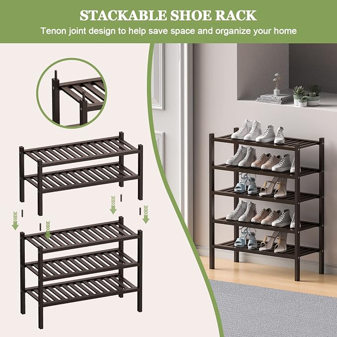 ROMGUAR CRAFT 2 Tier (Thick) Bamboo Shoe Rack for Closet Free Standing Wood Shoe Shelf for Entryway Small Space Stackable 27"x12"x14" (Black Brown) - Image 5