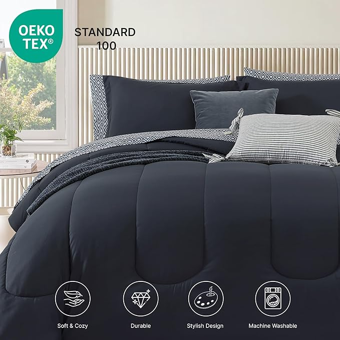 Monbix Full Size Comforter Set - 7 Pieces Bed in a Bag Full, Blue Grey Track Stitching Bedding Sets with Comforter, All Seasons Comforter Bed Set with Sheets, Pillowcases & Shams