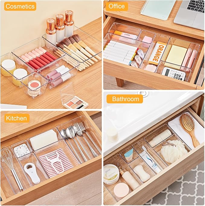 SMARTAKE 13-Piece Drawer Organizers with Non-Slip Silicone Pads, 5-Size Desk Bathroom Drawer Organizer Trays Storage Tray for Makeup, Jewelries, Utensils in Bedroom Dresser, Office and Kitchen, Clear - Image 6