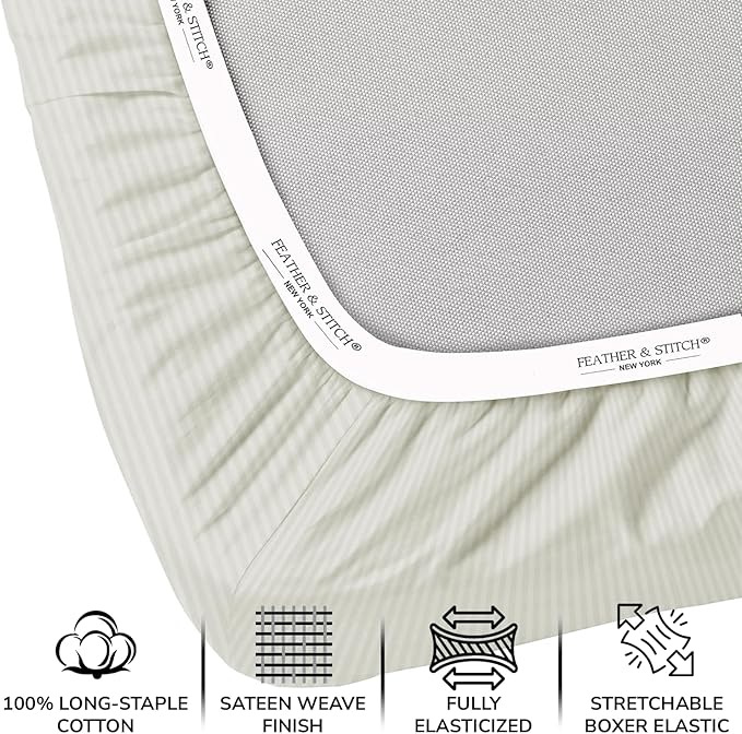 Feather & Stitch 500 TC Full Size Damask Bed Sheet Set, 100% Cotton Soft Breathable Bedsheets, 4 Piece 18" Deep Pockets Sateen Weave Striped Bedding Mattress Resort Hotel Luxury - (Blue Blush Stripe)