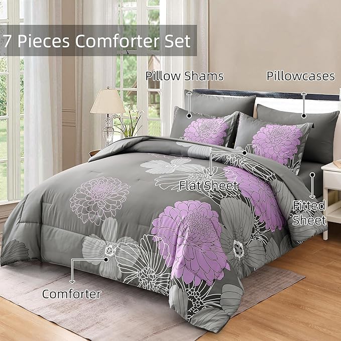 Yiran Full Comforter Set -7 Pieces Purple Grey Floral Comforter Set for All Seasons,Bed in a Bag Full Flowers Comforter with Flat Sheet Fitted Sheet Pillowshams Pillowcases