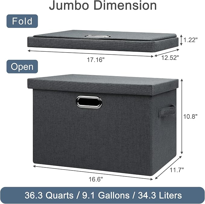 Graciadeco Large 17" 36 Quart Collapsible Stackable Storage Bins with Lids, 3 Packs Dark Gray Foldable Fabric Closet Storage Boxes with Lids, Heavy-duty Linen Cube Baskets(17x12x11) - Image 2