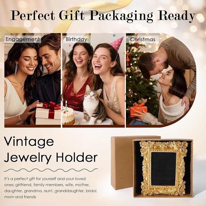 Vintage Ring Holder Rectangle Gold Velvet Display Stand - Baroque Jewelry Organizer Box Tray for Wedding Engagement Anniversary Women Birthday Christmas Gift Photograph Prop (MPF05-Gold Black) - Image 6