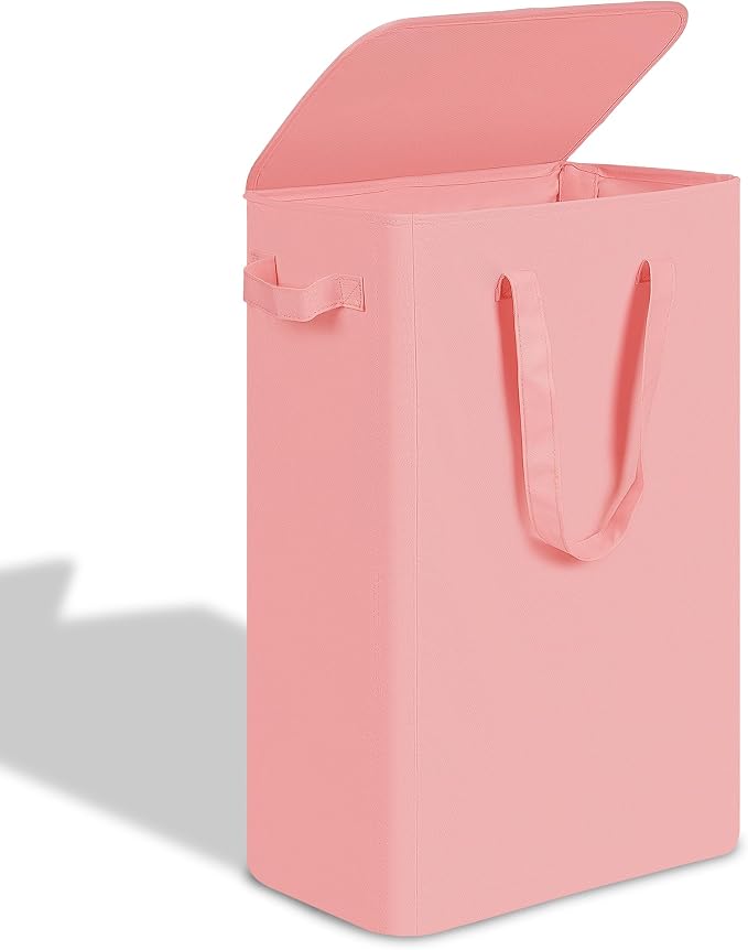 efluky Slim Laundry Basket with Lid, Narrow Laundry Hamper with Handles, Collapsible Dirty Clothes Hamper, Tall Laundry Bin for Laundry Room, Dorm and Bedroom, 55L Pink by efluky