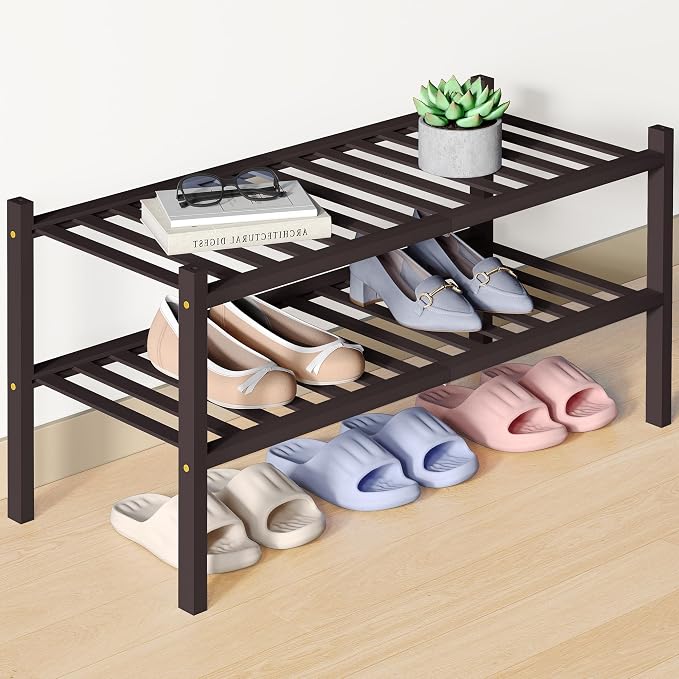 Smiry Bamboo Shoe Rack for Closet, 2 Tier Wooden Stackable Shoe Organizer, Free Standing Shoes Storage Shelf for Entryway, Front Door Entrance, Brown by Smiry