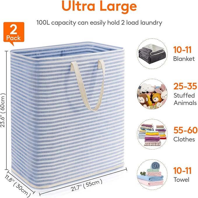 Lifewit 2 Pack Laundry Basket 100L Each, Collapsible Clothes Hamper with Reinforced Handles, Freestanding Waterproof Design for Bedroom and Laundry Room, Blue 200L Total - Image 4