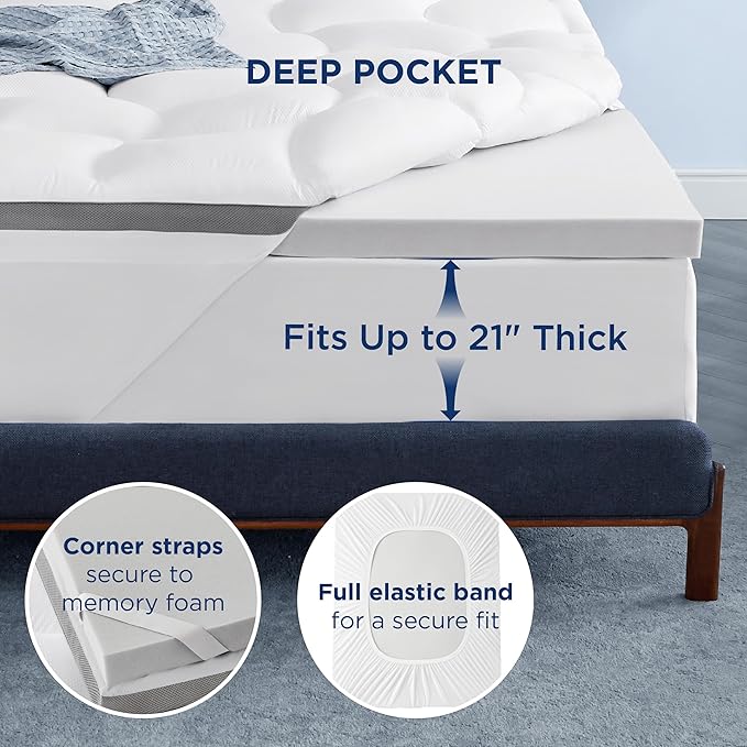 Bedsure 4 Inch King Size Mattress Topper, Dual Layer 2.5 Inch Gel Memory Foam & 800 GSM Waterproof Pillow Top Cooling Memory Foam Mattress Topper with 8-21 Inch Deep Pocket (King, 78x80 Inches)