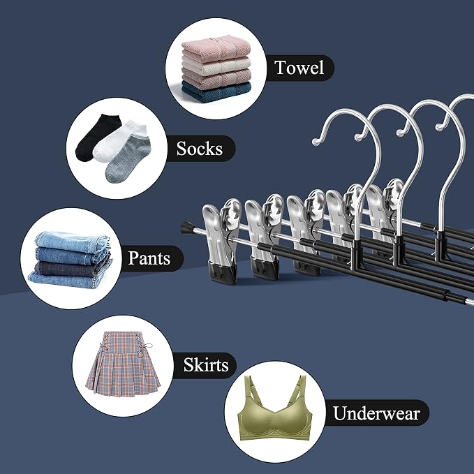 Pants Hangers with Clips for Women 20 Pack Adjustable Heavy Duty Space Saving Skirt Hangers Non-Slip Trousers, Jeans Clothes ,Shorts Black,12Inch - Image 4