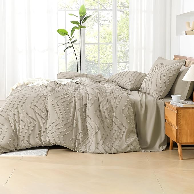 Litanika Light Hazel Full Size Comforter Set with Sheets - 7 Pieces Bed in a Bag Full Boho Tufted Complete Bedding Sets with Comforter, Sheets, Pillowcases & Shams