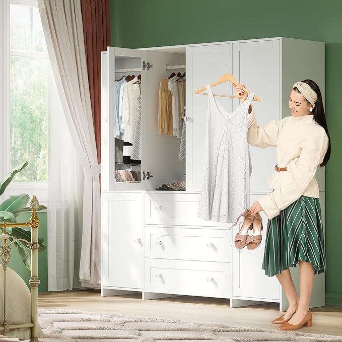 VOWNER Armoire Wardrobe Closet with Drawers and Mirror, 71" Clothing Storage Cabinet with Hanging Rod, 6 Doors Wooden Wardrobe Cabinet for Bedroom, Large Capacity Storage