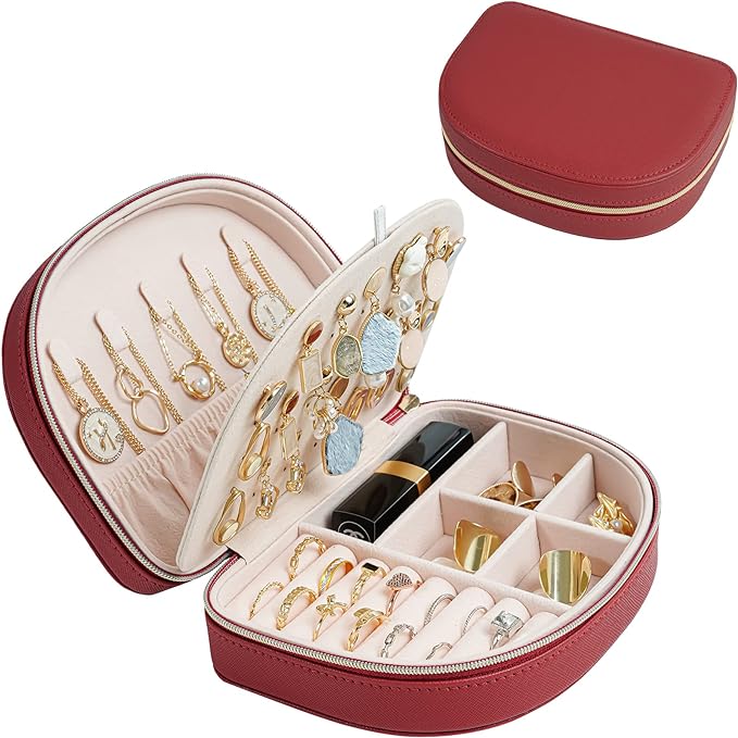 ProCase Travel Size Jewelry Box, Medium Portable Seashell-Shaped Jewelry Case, 2 Layer Jewelry Organizer in PU Leather for Women -Red by ProCase