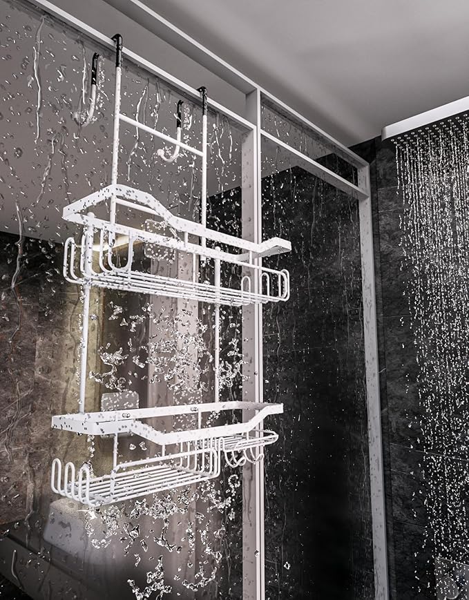 HapiRm Hanging Shower Caddy Over the Door with Soap Holder, No Drilling Adhesive Shower Organizer with 11 Hooks, Rustproof & Waterproof 304 Stainless Steel Bathroom Shelves - White - Image 6