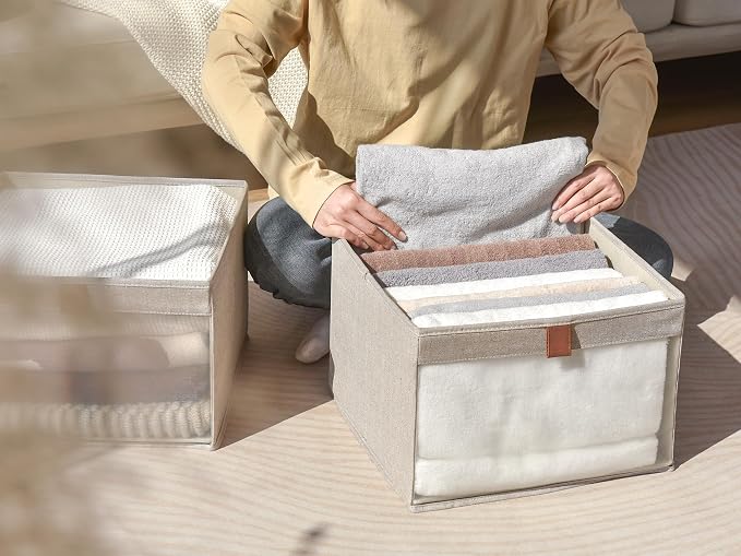 StorageWorks Closet Storage Bins, Extra Large Storage Baskets with Clear Window and Handles, Foldable Fabric Organizer for Clothes, Shelves, Brown and Beige, 3 Pack - Image 9