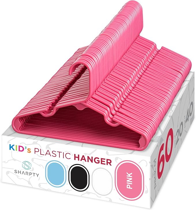 Sharpty Kids Plastic Hangers, Children's Hangers for Baby, Toddler, and Child Clothes - Everyday Standard Use - Ideal for Boys and Girls Closet, Clothing, Pants, Coats, and More - Pink, 60 Pack by Sharpty