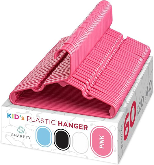Sharpty Kids Plastic Hangers, Children's Hangers for Baby, Toddler, and Child Clothes - Everyday Standard Use - Ideal for Boys and Girls Closet, Clothing, Pants, Coats, and More - Pink, 60 Pack by Sharpty