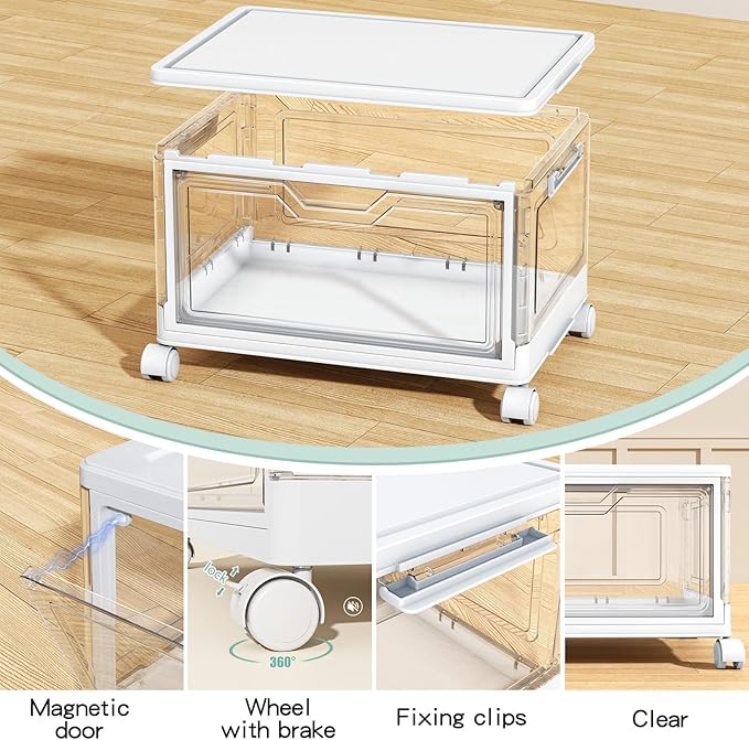 Kmiectse Clear Storage Bins with Lids - 4 Tier Plastic Bins with Wheels, Stackable Storage Bin, Closet Organizers Box for Bedroom, Living Room, 23 QT Folding Box with Magnetic door - Image 3
