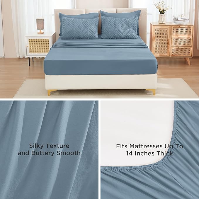 Andency California King Comforter Set Grayish Blue - 7 Pieces Bed in a Bag Cal King Bedding Comforter Sets, Tufted Lightweight Fluffy Bed Set with Comforter, Sheets, Pillowcases & Shams