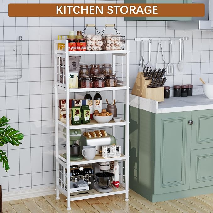 GIOTORENT 5-Tier Pantry Shelves with Wooden Boards, Heavy Duty Storage Shelves & Book Shelf, Adjustable Metal Shelving Unit for Kitchen Bathroom Laundry Organizer, Sturdy Rust-Resistant, White - Image 2