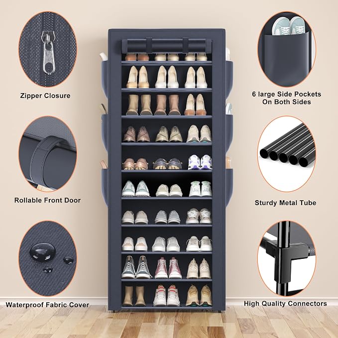 OYREL Shoes Rack 10 Tier Tall Shoe Rack with Storage Pockets, Fabric Covered Shoe Racks,Metal Shoes Rack Organizer for Closets,Bedroom, Garage - Image 8