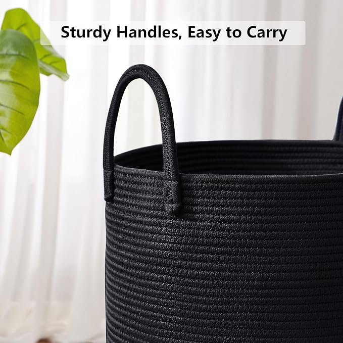 80L Extra Large Black Laundry Hamper Tall Woven Rope Laundry Basket for Clothes Modern Blanket Storage Basket in Living Room Bedroom 16"L x 16"W x 22"H - Image 5