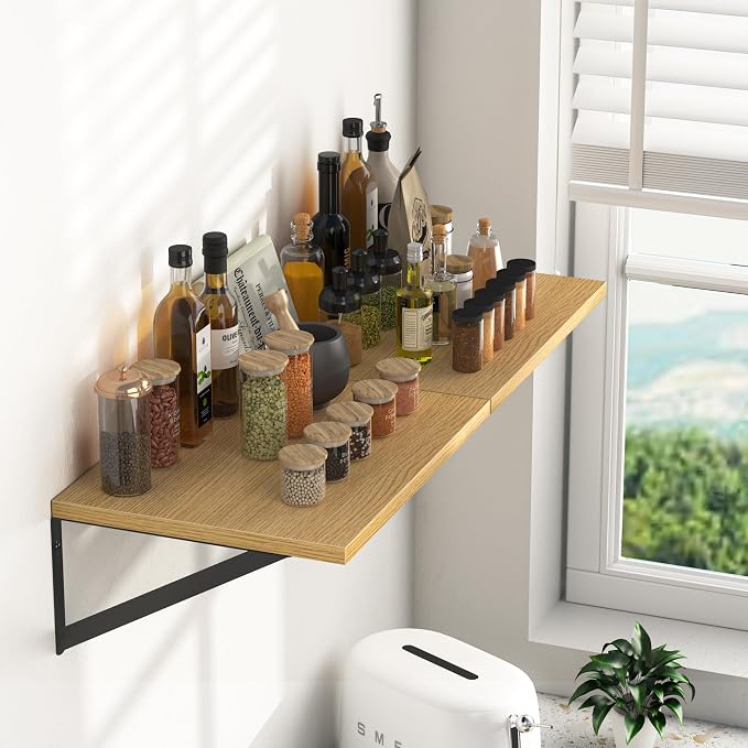 Heimlove 12 Inch Deep Floating Shelves for Wall, 16W x 12D Wood Wall Shelves Set of 2, Rustic Oak Wide Floating Bookshelf for Living Room, Kitchen, Office, Bedroom, with Black Metal Bracke - Oak - Image 2