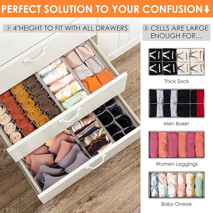 Criusia 12 Pack Sock Underwear Drawer Organizer Dividers, 116 Cells Fabric Foldable Dresser Closet Organizers and Storage Bins for Baby Clothing, Women Men Underwear Socks, Bra, Ties, Scarf - Image 2