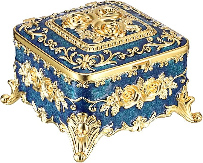 Hipiwe Metal Jewelry Box Decorative Trinket Chest Rectangular Treasure Display Case Keepsake Organizer for Earrings Ring Holder, Blue, 5.1" L x 5.1" W x 3.1" H by Hipiwe