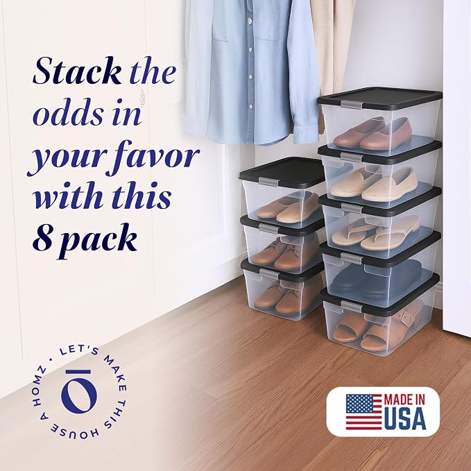 HOMZ 8-Pack Snaplock, Small Clear Plastic Storage Organizer Bins with Lids, 15 Quart, Gray - Stackable Container Boxes for Bedroom, Bathroom, Garage, and Office Organization - Image 2