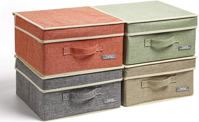 YueYue Small 4 Pack Fabric Stroage Box with Lids, Linen Foldable Stroage Box with lids 4 Color Set 12.4in/12in/6.7in by YueYue