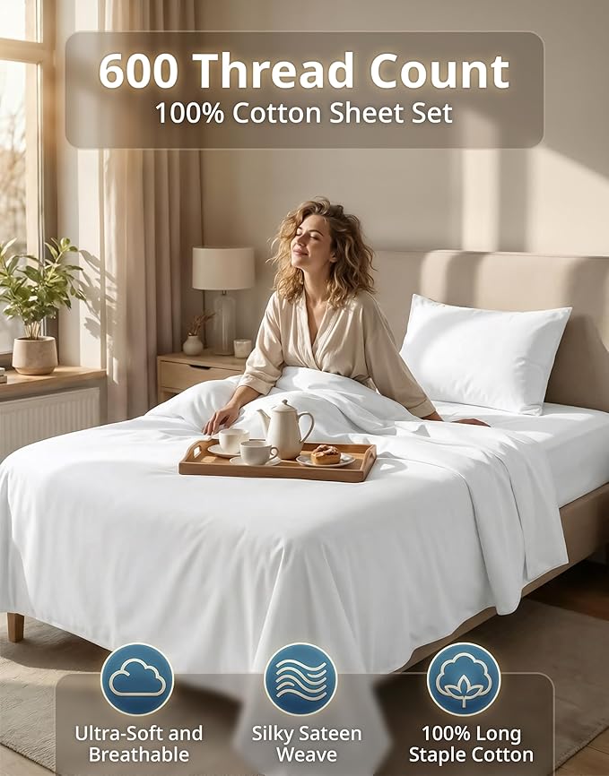 LANE LINEN Twin XL Sheets Set - 600 Thread Count Premium Sateen Weave for Hotel Quality Luxury - Extra Soft & Breathable Cotton Sheets Set for Single Beds - Fits Mattresses Upto 15'' Deep - White