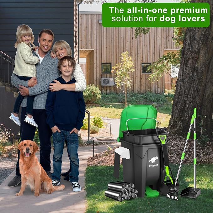 Dog Poop Trash Can Outside with Pooper Scooper and Metal Rake & Tray, 20L/5Gal Dog Waste Trash Can with Lid, Pedal and Removable Inner Waste Bin, Pet Poop Bin with 100 Bags, Green - Image 7