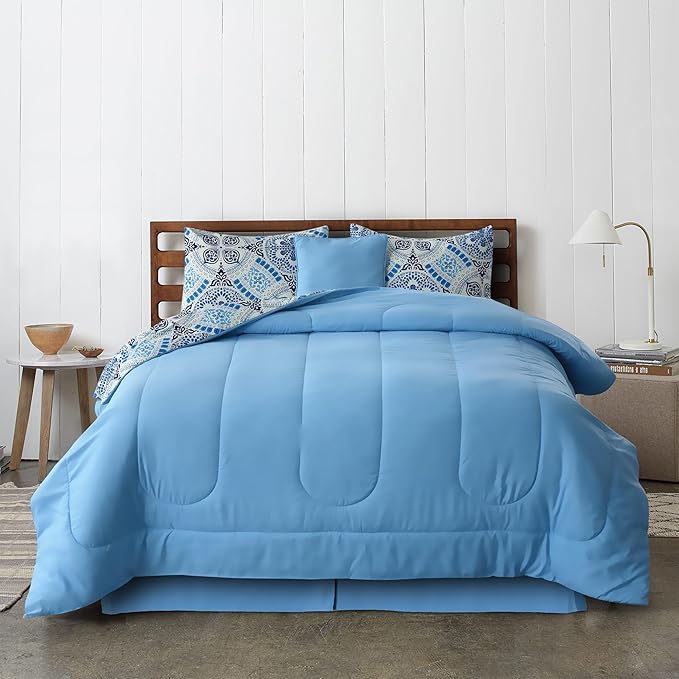 LUX Décor Reversible 5pc King Comforter Set, Printed Bedding Set, All-in-One Bed in a Bag, Includes 1 Comforter, 2 Pillow Shams, 1 Decorative Pillow & 1 Bed Skirt (Aztec Sky,King)