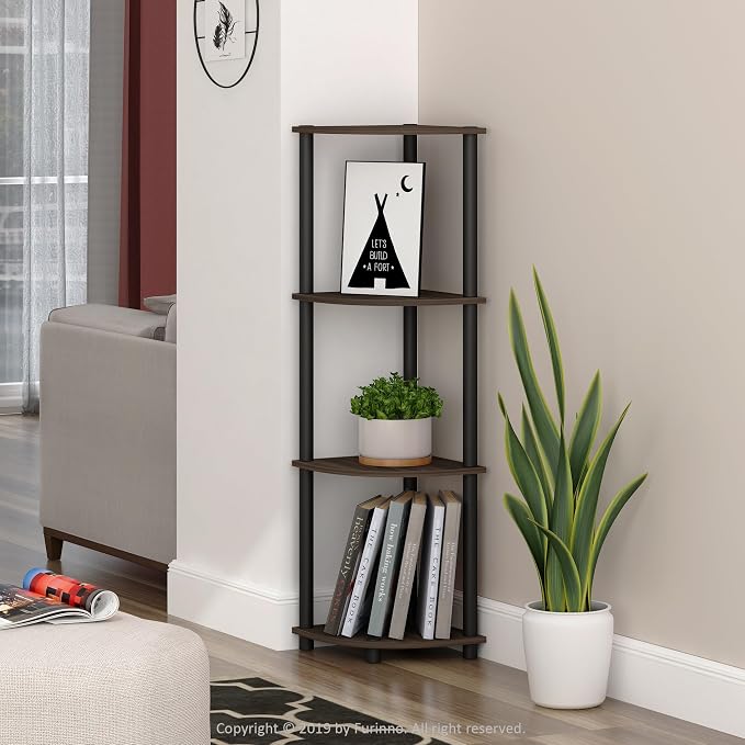Furinno TURN-N-TUBE Corner Shelf, 4-Tier Corner Bookshelf, Display Storage Shelves with Open Shelves, for Organization and Storage, Living Room, Home Office, Garage, Columbia Walnut - Image 2
