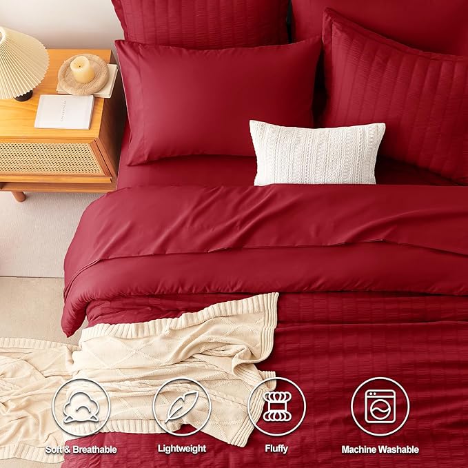 CozyLux Full Size Comforter Sets with Sheets 7 Pieces, Dark Red Seersucker Bed in a Bag Textured Luxury Soft Bedding Set with Down Alternative Comforter, Sheets, Pillowcases & Shams for All Season