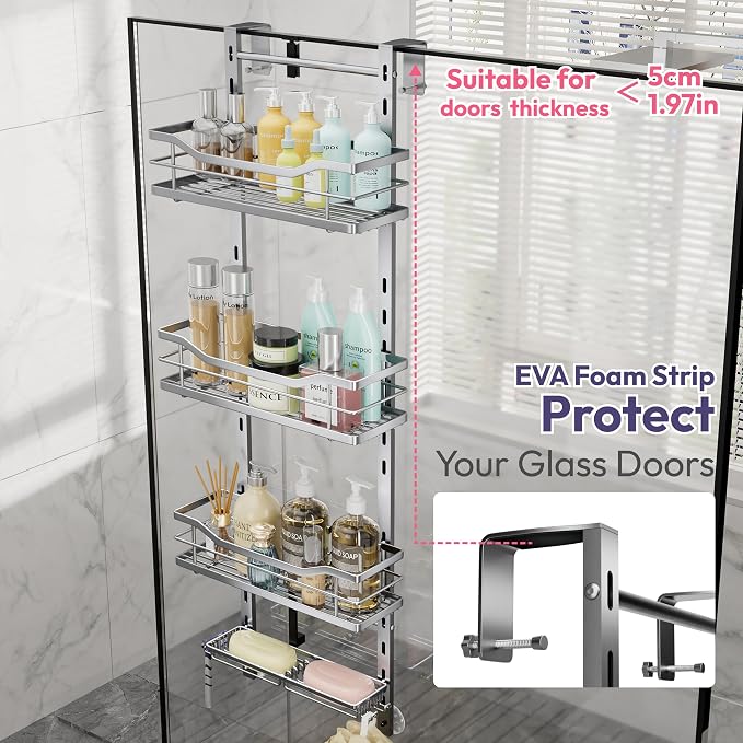 SWTYMIKI Over the Door Shower Caddy - 4 Tier Adjustable Shower Organizer Hanging with Soap Holder, No Drilling Stainless Steel Bathroom Rack Hanging for Body Wash, Shampoo, Soap, Razor, Silver - Image 4