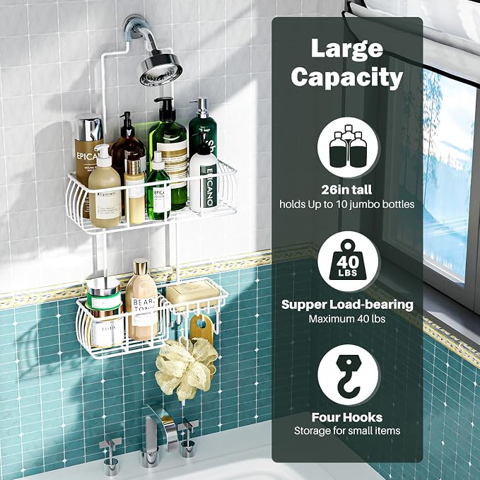 Epicano Shower Caddy Hanging, Anti-Swing Over Head Shower Caddy Rustproof with hooks for Towels, Sponge and more,White - Image 2
